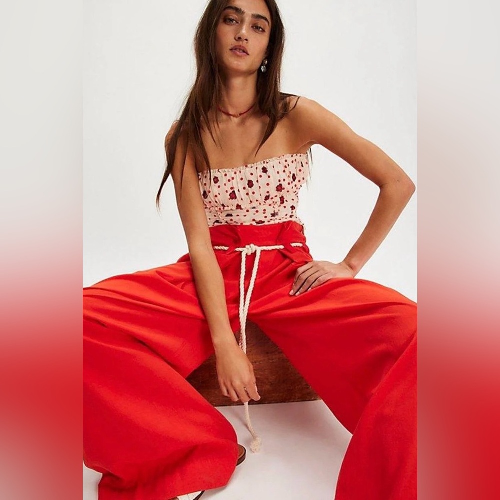 Free People Scottie Printed Ruched Tube Top Red Floral Polka Dot Strapless